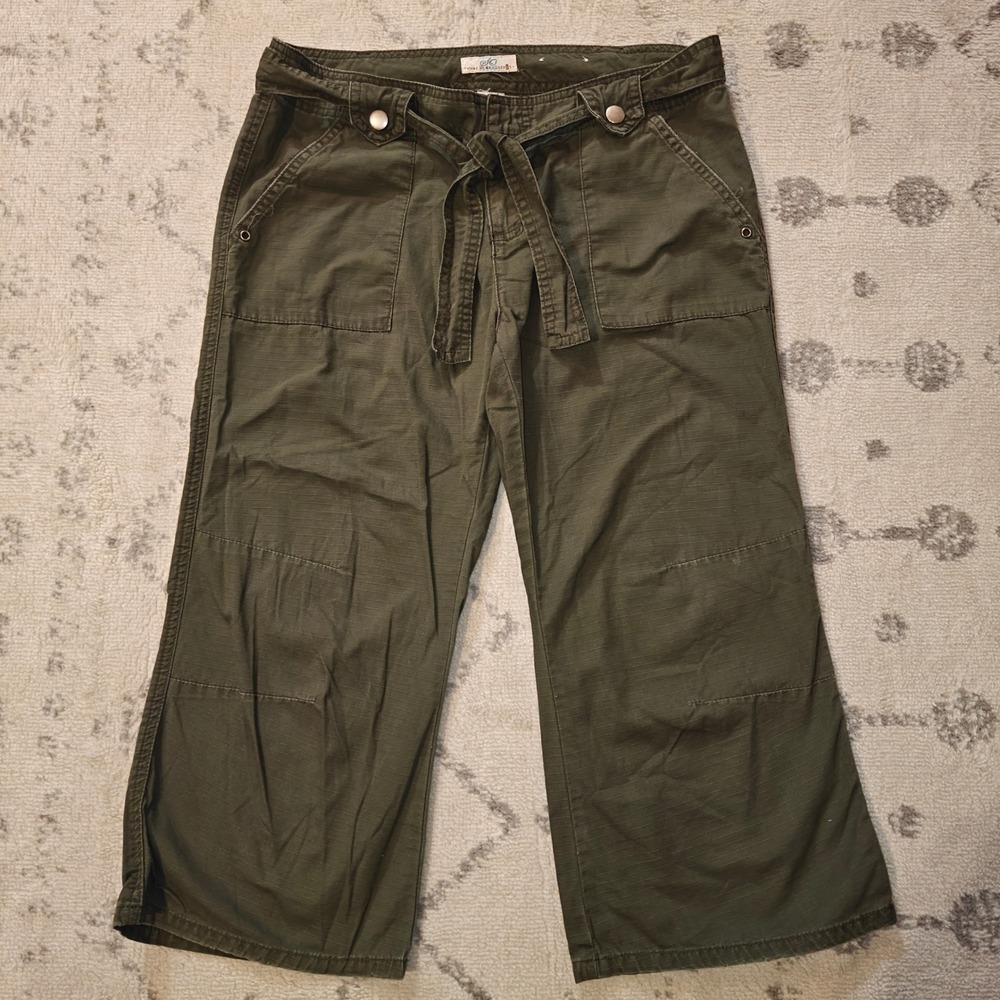 Y2K Paper Bag Capris Olive Green Womens 11 Baggy Vintage Utility Cotton Wide Leg
